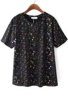Romwe Speckled Print Side Split Black T-shirt