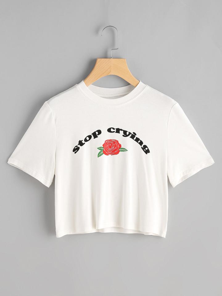 Romwe Rose Print Crop Tee