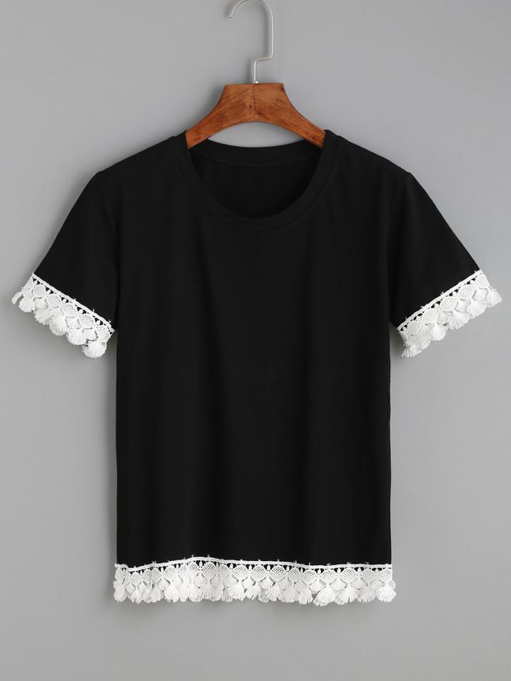 Romwe Black Contrast Lace Trim T-shirt