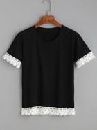 Romwe Black Contrast Lace Trim T-shirt
