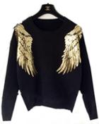 Romwe Sequined Wing Knit Crop Black Sweater