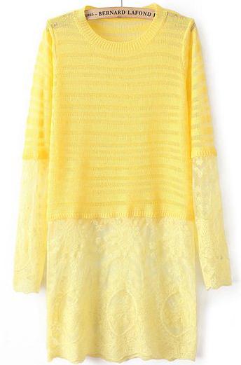 Romwe Sheer Lace Knit Yellow Sweater