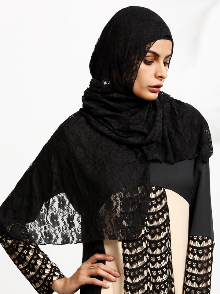 Romwe Black Flower Lace Hijab Scarf