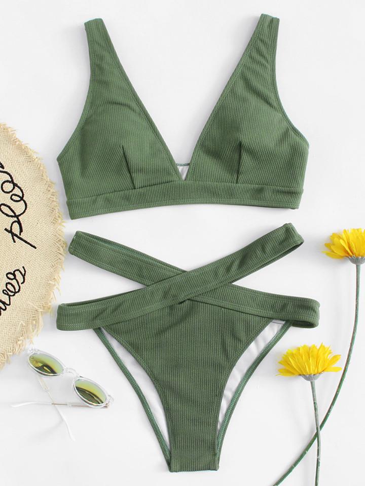 Romwe Crisscross Waist Ribbed Bikini Set