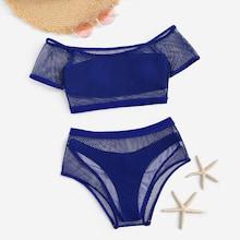 Romwe Short Sleeve Bardot Fishnet Overlay Bikini 4pack
