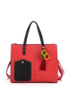 Romwe Contrast Pocket Tassel Charm Wide Strap Pu Bag