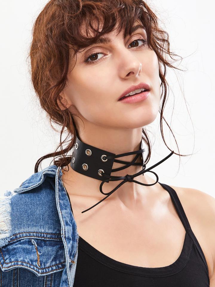 Romwe Black Eyelet Embellished Tie Front Leather Choker