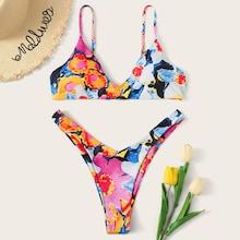 Romwe Watercolor Floral Thin Strap With High Leg Bikini