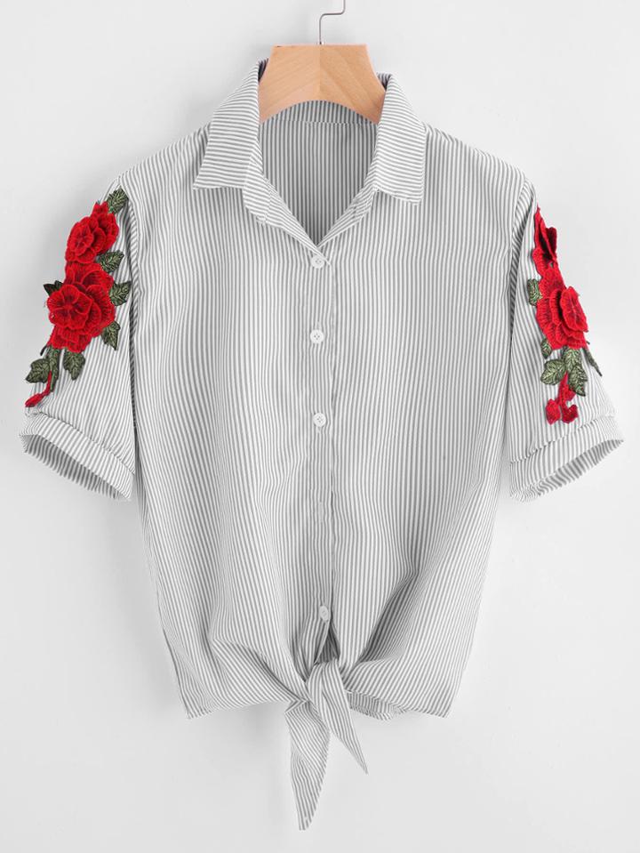 Romwe Symmetrical Appliques Pinstripe Knot Hem Shirt