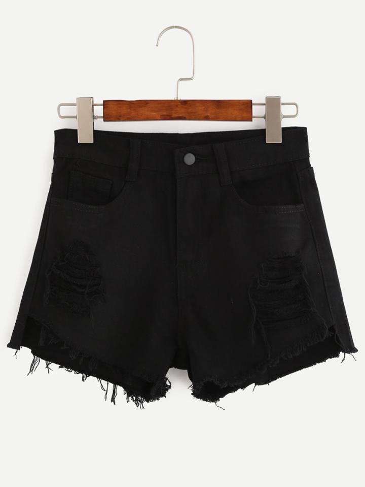 Romwe Black Ripped Raw Hem Denim Shorts