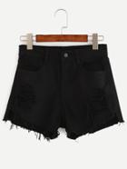 Romwe Black Ripped Raw Hem Denim Shorts