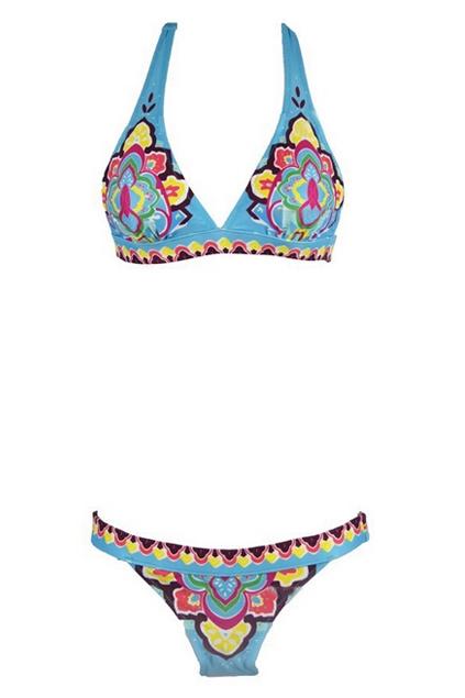 Romwe Romwe Floral Print Blue Halter Bikini