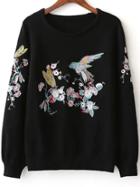 Romwe Black Bird Embroidery Raglan Sleeve Sweater