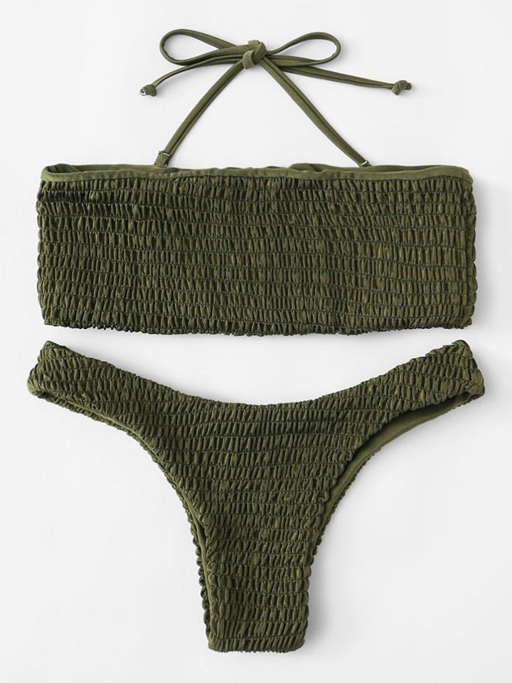 Romwe Ruched High Leg Bikini Set