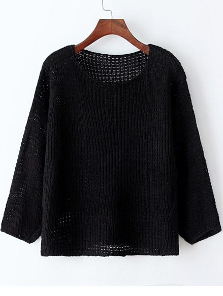 Romwe Open-knit Loose Black Sweater