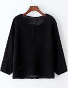 Romwe Open-knit Loose Black Sweater