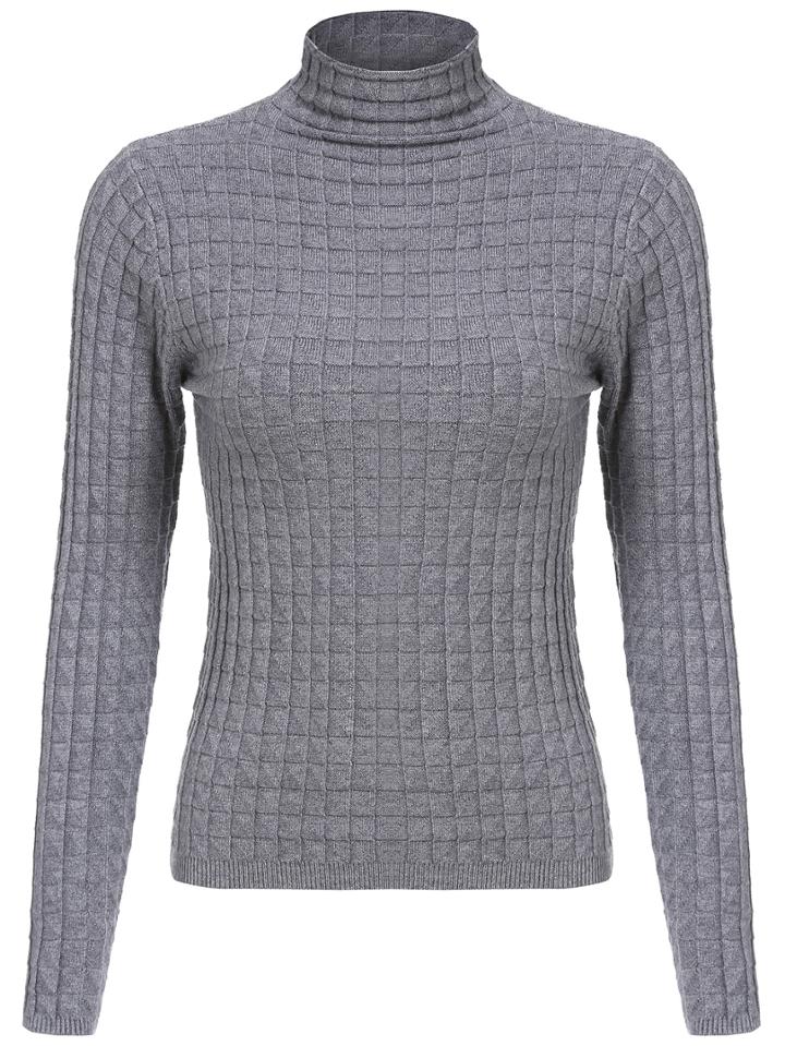 Romwe High Neck Waffle Knit Slim Grey Knitwear