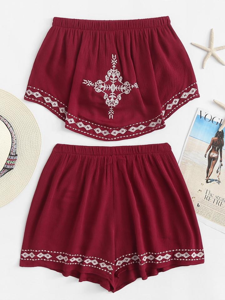 Romwe Off Shoulder Embroidered Top With Shorts