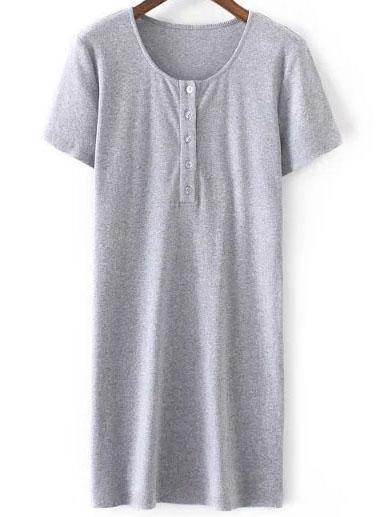 Romwe Grey Button Front Ribbed T-shirt Dress