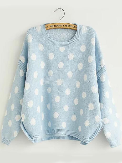 Romwe Dotted Dip Hem Blue Sweater