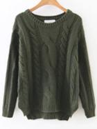 Romwe Army Green Cable Knit Asymmetrical Hem Sweater