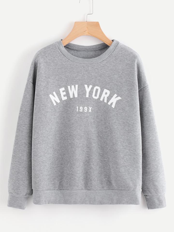 Romwe Letter Print Drop Shoulder Marled Pullover