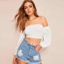 Romwe Off Shoulder Bishop Sleeve Solid Crop Tee