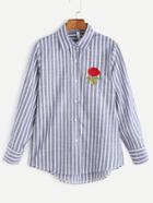 Romwe Blue Striped Rose Embroidered High Low Shirt