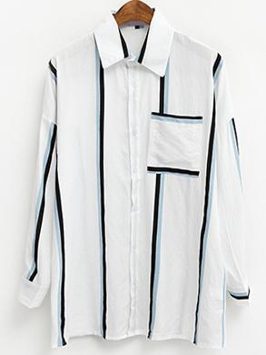 Romwe White Mixed Stripe Front Pocket Drop Shoulder Blouse