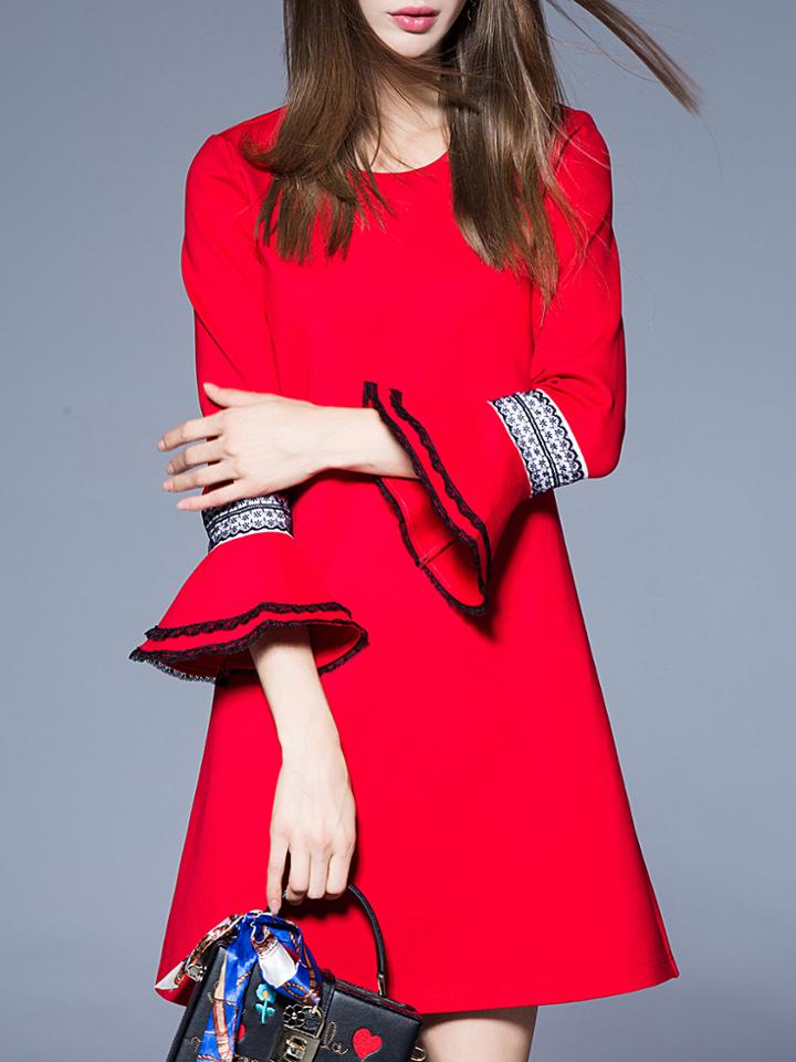Romwe Red Crew Neck Bell Sleeve Shift Dress