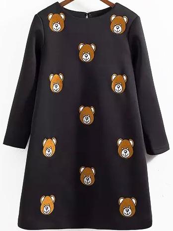 Romwe Bear Embroidered Straight Black Dress