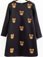 Romwe Bear Embroidered Straight Black Dress