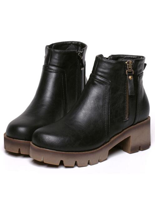 Romwe Black Round Toe Zipper Side Pu Boots