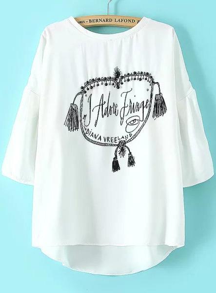 Romwe Dip Hem With Bead Letter Print T-shirt