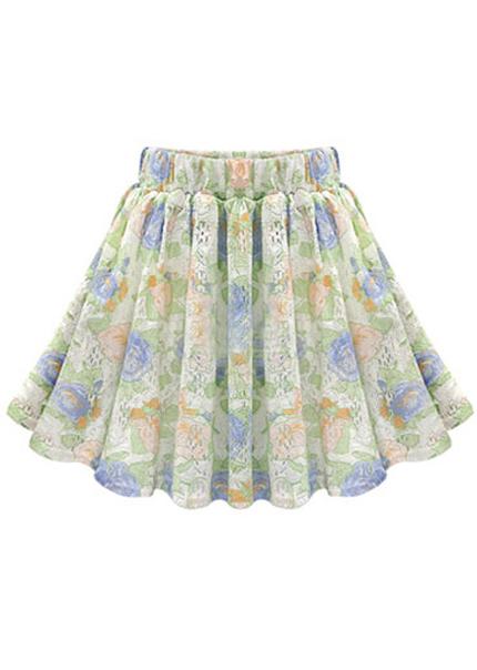 Romwe Elastic Waist Florals Lace Flare Green Skirt