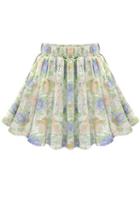 Romwe Elastic Waist Florals Lace Flare Green Skirt