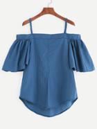 Romwe Blue Cold Shoulder Ruffled Sleeve Top