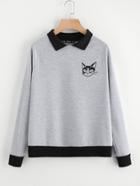 Romwe Contrast Collar Cat Print Pullover