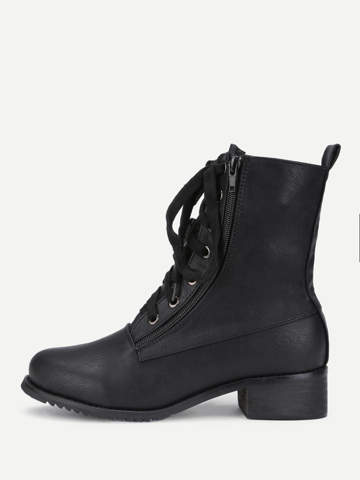 Romwe Double Zipper Front Lace Up Pu Boots