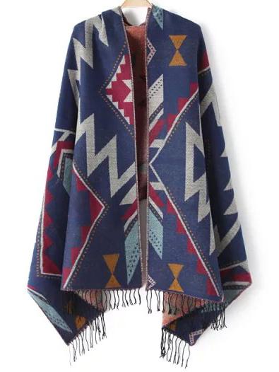 Romwe Geometric Print Fringe Navy Scarf