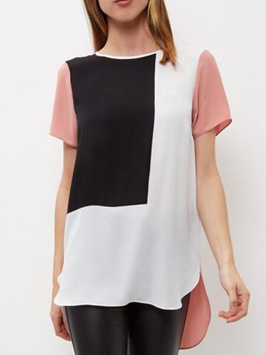 Romwe Dip Hem Color Block Chiffon Blouse