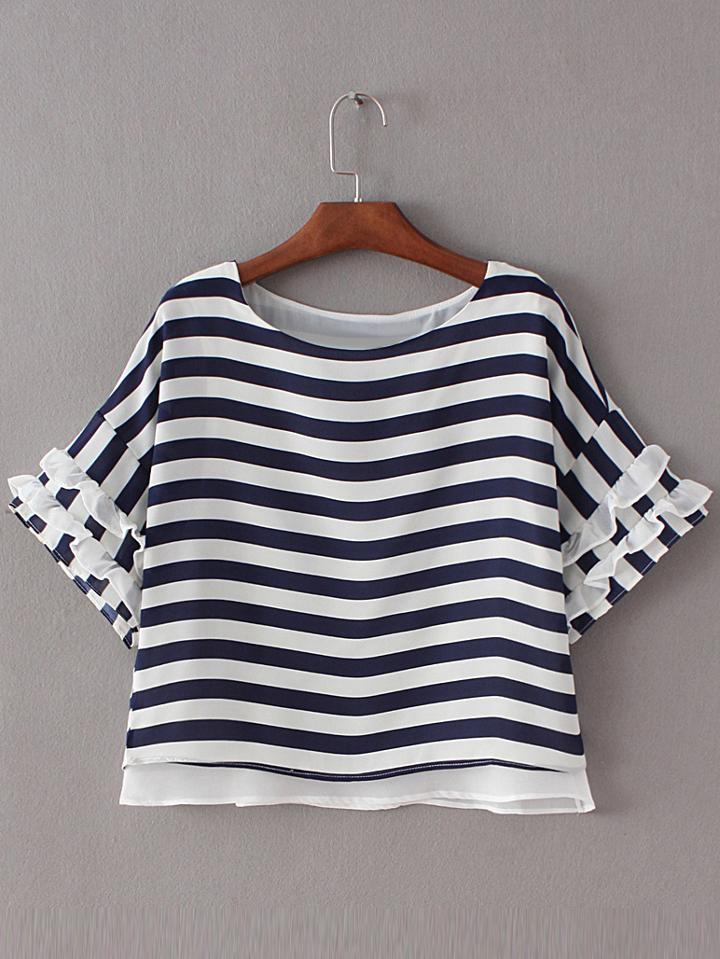 Romwe Multicolor Ruffle Bell Sleeve Stripe Blouse