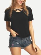 Romwe Crisscross Front Neck Black T-shirt
