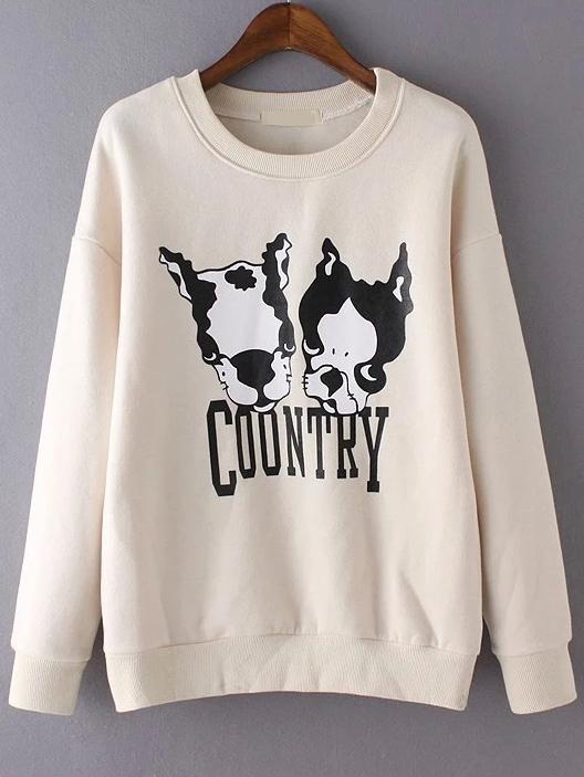 Romwe Cartoon Dog Print Beige Sweatshirt