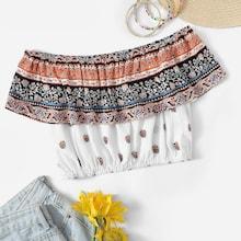 Romwe Graphic Print Off The Shoulder Crop Top
