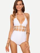 Romwe Deep V-neck Caged Backless One-piece Swimwear - White