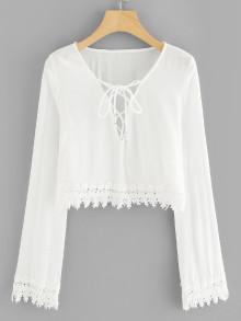Romwe Lace Up Front Contrast Lace Blouse