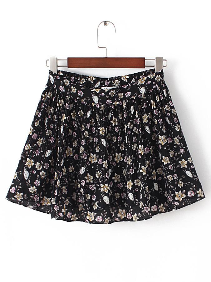 Romwe Black Floral Elastic Waist Ruffle Shorts