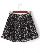 Romwe Black Floral Elastic Waist Ruffle Shorts