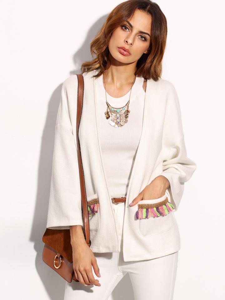 Romwe Beige Tassel Beading Pocket Three Quarter Sleeve Outerwear